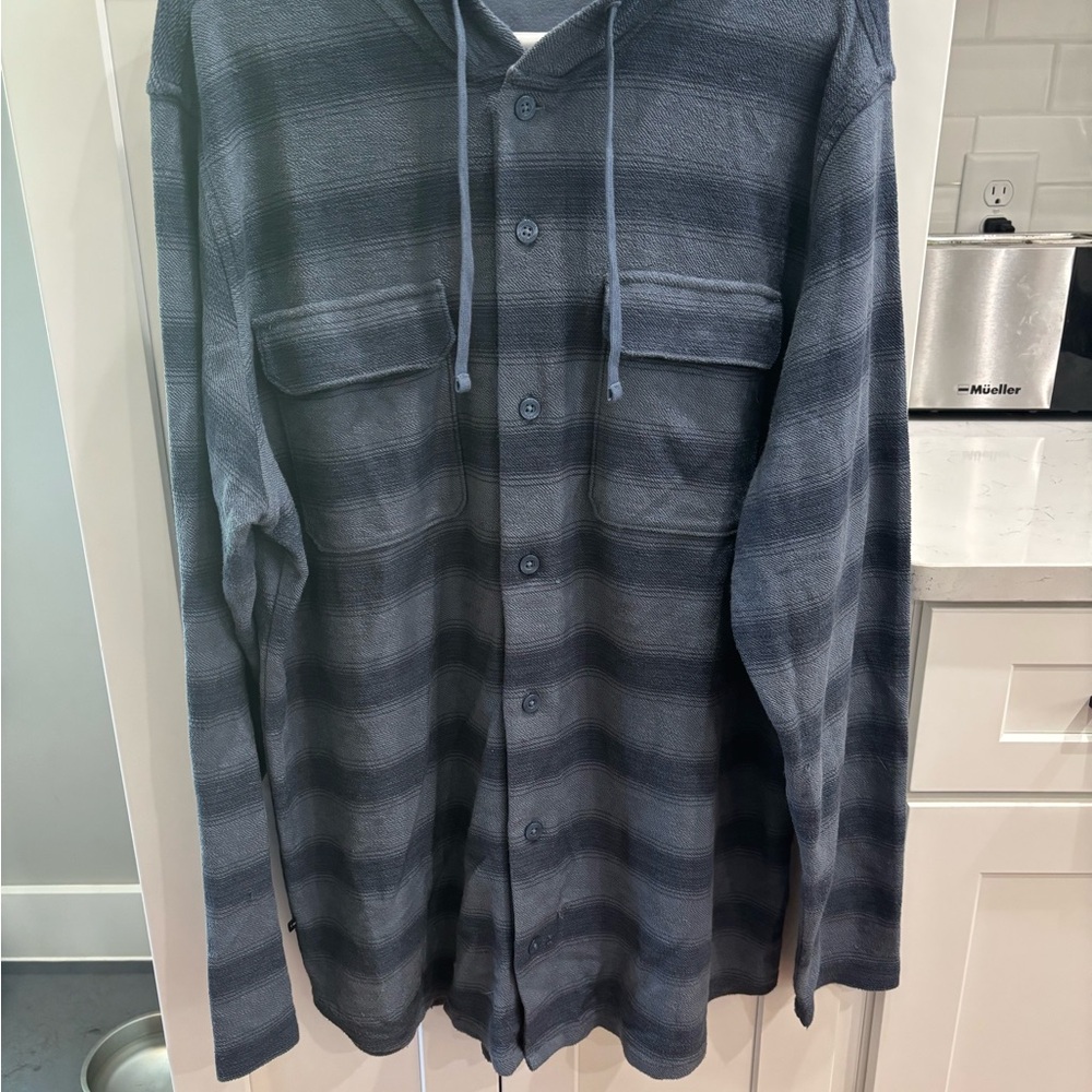 Travis Mathew Blue Striped Button-Up Hooded Shirt